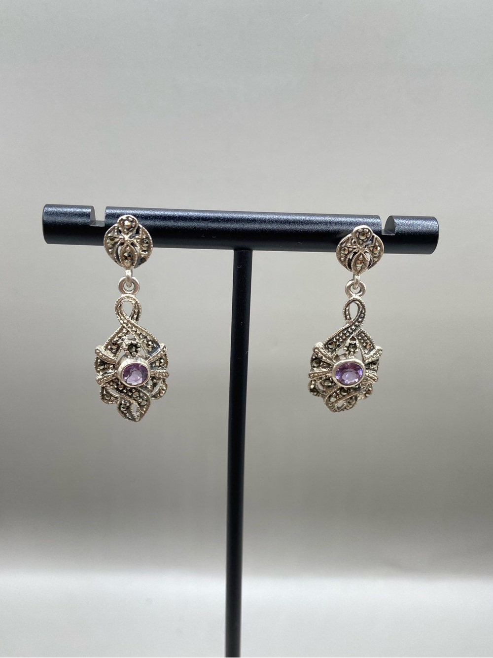 Vintage Sterling Silver Amethyst Marcasite Post Earrings